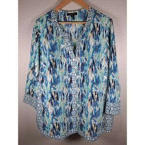 Zozo Womens 1X Blue Green Abstract Print Button Front 3/4 Sleeve Blouse Top